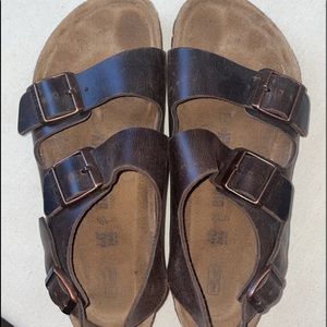 Birkenstock Milano style dark brown leather sandal.